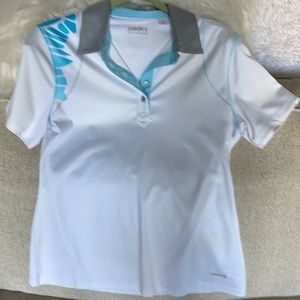 Annika small white/blue grey women’s golf polo.